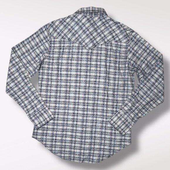 Wrangler Retro Premium Blue Scroll Plaid Snap Shirt Long Sleeve Men’s Medium - Picture 6 of 7
